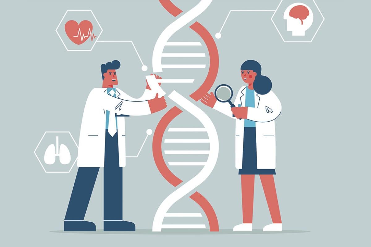 Two figures examining DNA surrounded by health icons