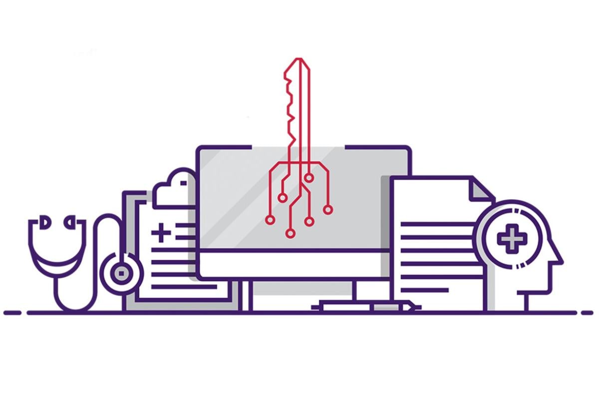 IT security key on computer monitor with health care icons and clipboard, documents