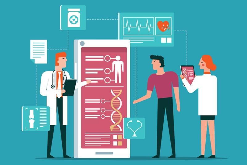 Three figures use an oversized medical app, surrounded by health care icons and charts
