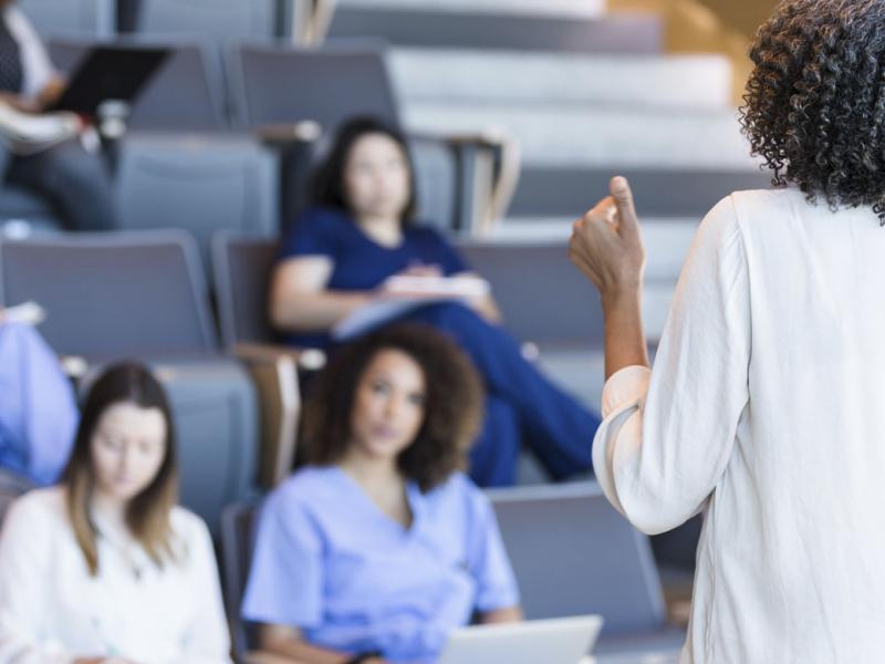 Person lectures in front of a class of students