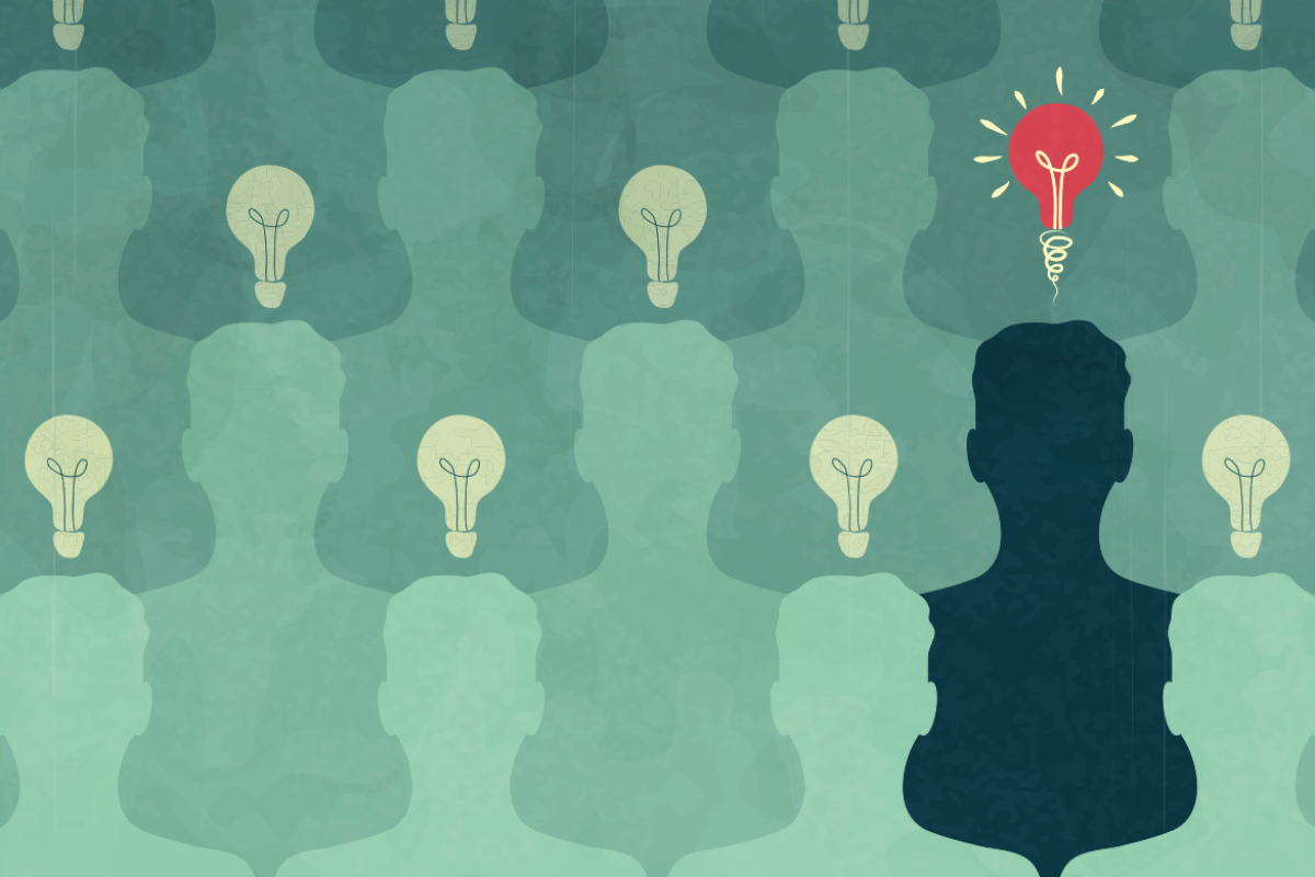 Group of figures with lightbulbs overhead, one stands out with the lightbulb and figured illuminated